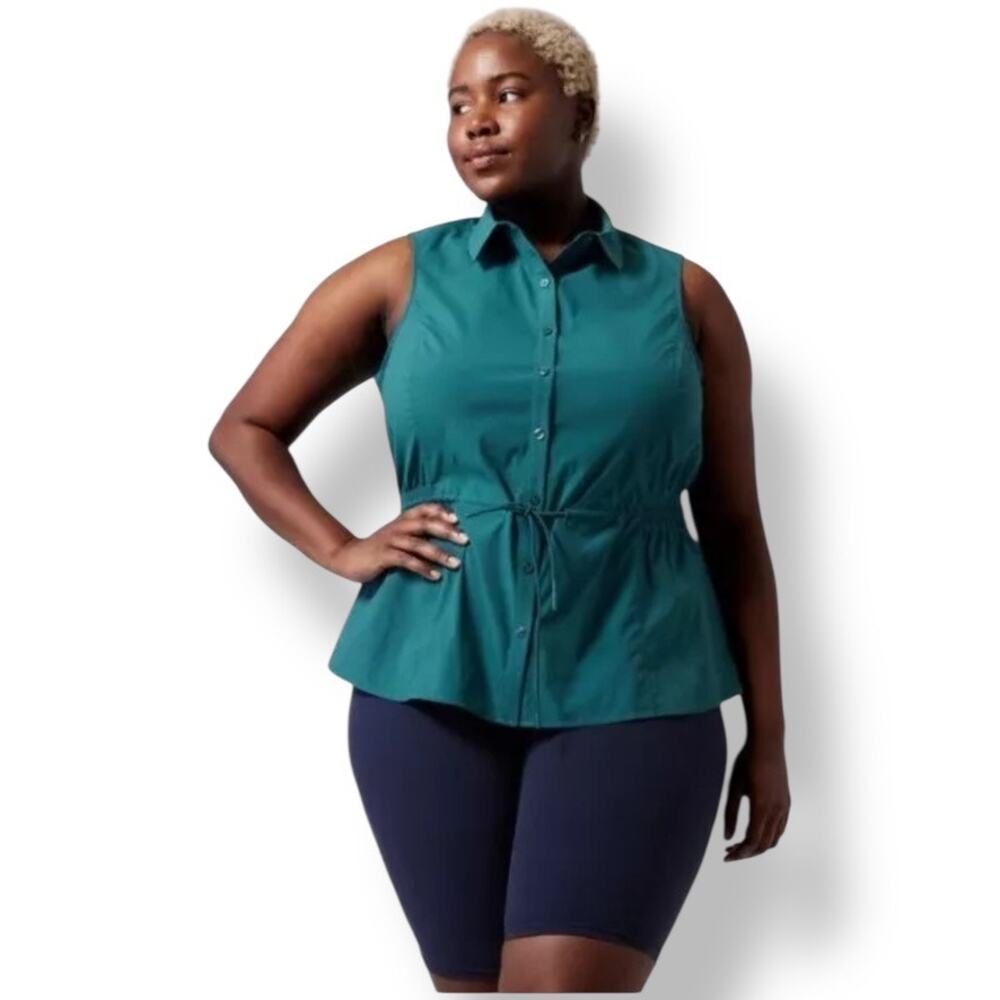 Athleta Levitate Poplin Sleeveless Waist tie Tank Top Teal Green Women's Plus 2X